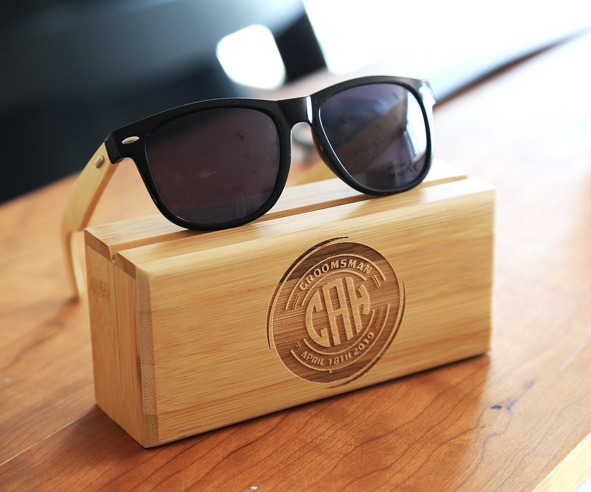 Personalized Groomsmen Sunglasses Set Stylish Wood Leg Shades with Custom Bamboo Box for Your Wedding Day by Groovy Guy Gifts