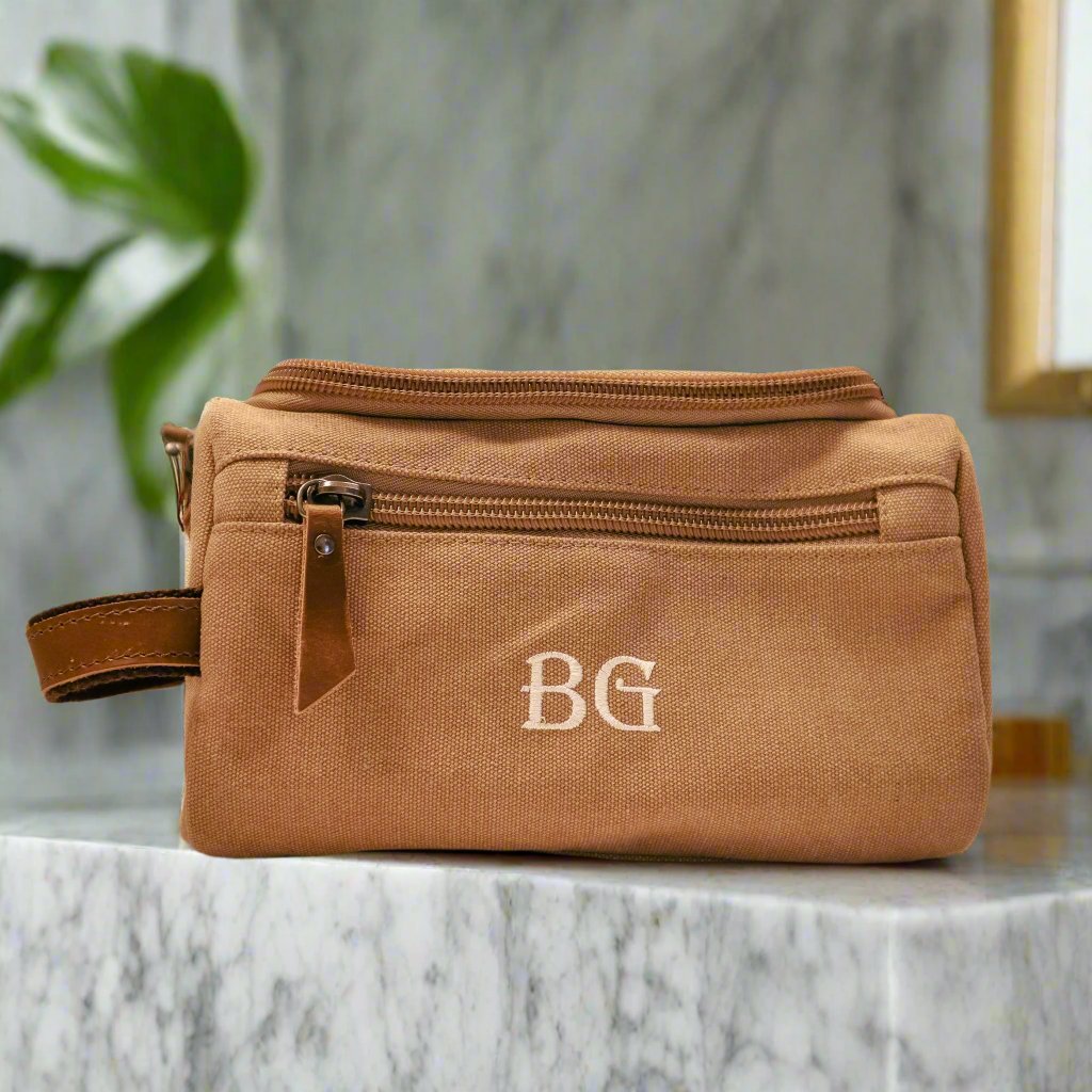 Monogrammed Toiletry Bag for Men - Canvas with Leather Straps