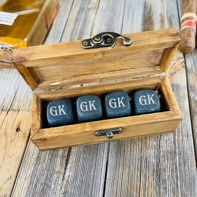 Engraved Scotch Glass, Whiskey Stones & Wooden Gift Box