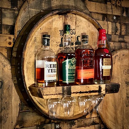 Rustic bourbon barrel wall shelf for bar and home decor