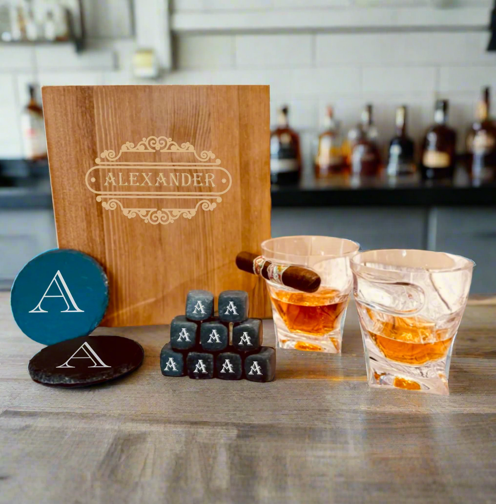 Personalized whiskey gift set with engraved wooden box, two whiskey glasses, engraved whiskey stones, and slate coasters